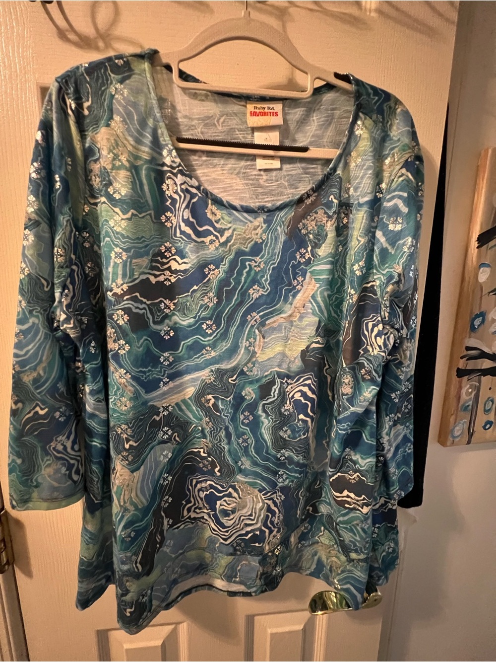 Ruby Rd. Teal & Blue Abstract Scoop Neck Long Sleeve Top